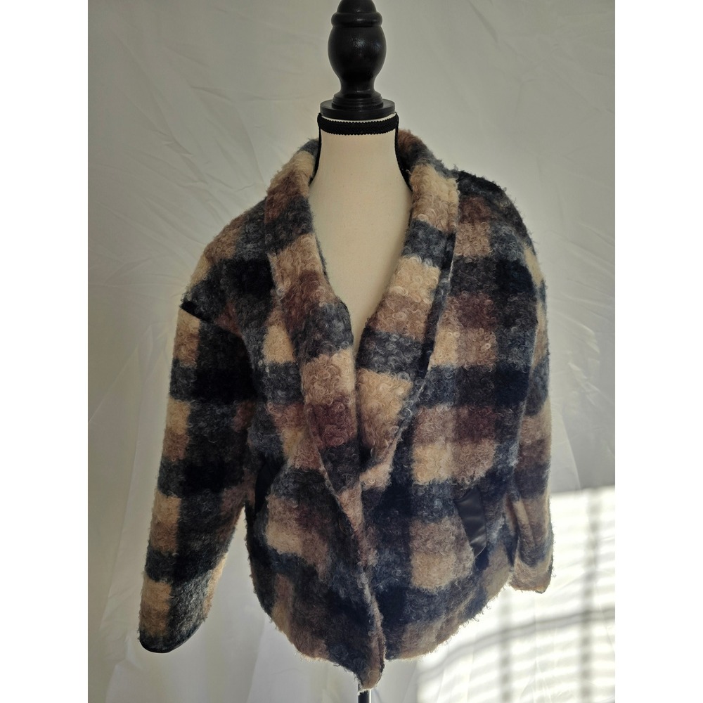 KNOX ROSE Plaid Fuzzy Sherpa Shacket Jacket Women's Medium Brown Black Tan